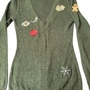 Express Sweater Women M Green Babydoll Patch V-Neck Long Sleeve Y2K Bella Swan‎